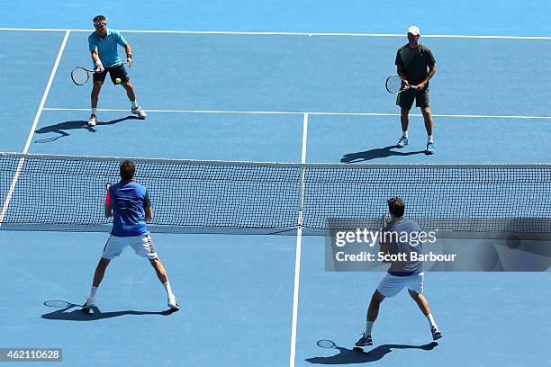 Wayne Arthurs, Pat Cash, Goran Ivanisevic and Justin Gimelstob in action in their legends doubles match during day seven of the 2015 Australian Open...