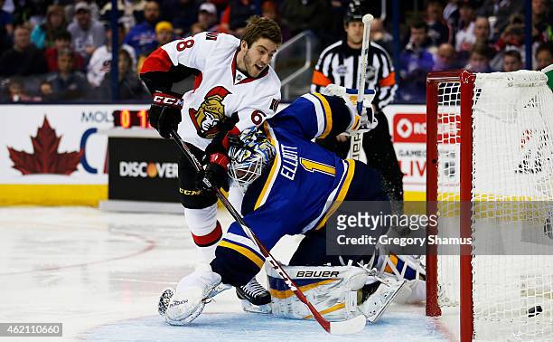 Mike Hoffman of the Ottawa Senators and Team Toews competes against Brian Elliott of the St. Louis Blues and Team Foligno during the Discover NHL...