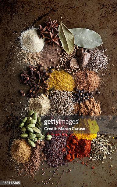 piles of various spices on metal surface - gewürz stock-fotos und bilder