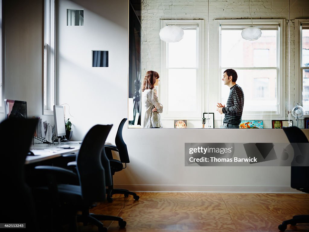 Businessman and businesswoman discussing project