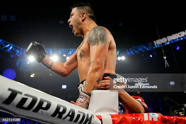 Brandon Rios celebrates after his fight against Mike Alvarado during a WBO International Welterweight Title fight at First Bank Center on January 24,...