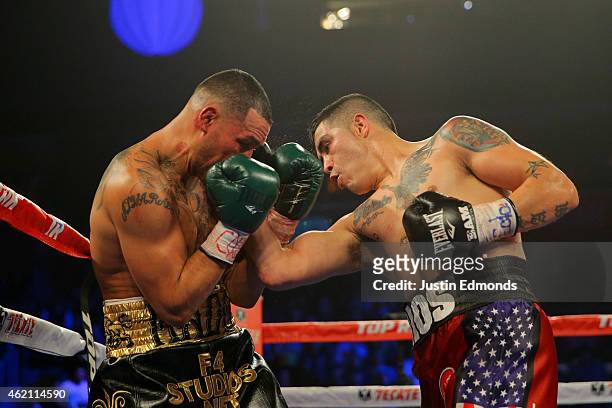 Mike Alvarado fights Brandon Rios during a WBO International Welterweight Title fight at First Bank Center on January 24, 2015 in Broomfield,...