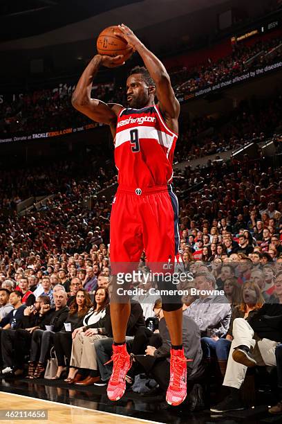 Martell Webster of the Washington WIzards takes a shot against the Portland Trail Blazers on January 24, 2015 at the Moda Center Arena in Portland,...