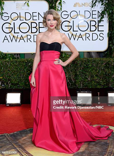 71st ANNUAL GOLDEN GLOBE AWARDS -- Pictured: Recording artist Taylor Swift arrives to the 71st Annual Golden Globe Awards held at the Beverly Hilton...