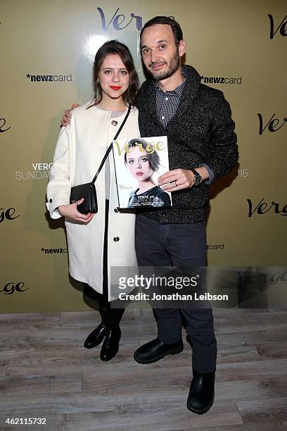Actress Bel Powley and celebrity photographer Jeff Vespa attend the Verge: Sundance 2015 Party at WireImage Studio on January 24, 2015 in Park City,...