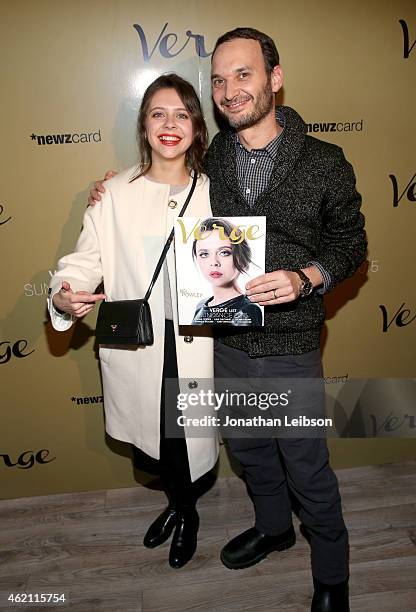 Actress Bel Powley and celebrity photographer Jeff Vespa attend the Verge: Sundance 2015 Party at WireImage Studio on January 24, 2015 in Park City,...