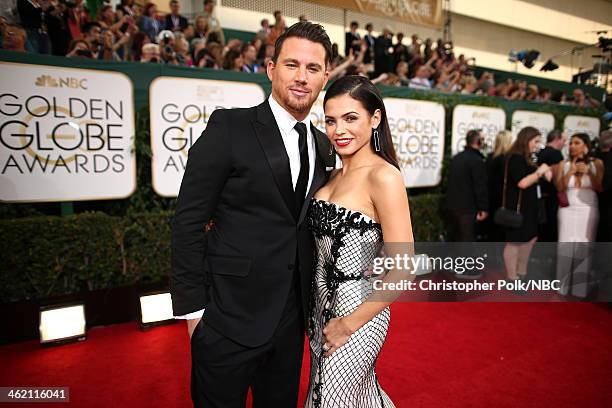71st ANNUAL GOLDEN GLOBE AWARDS -- Pictured: Actors Channing Tatum and Jenna Dewan arrive to the 71st Annual Golden Globe Awards held at the Beverly...