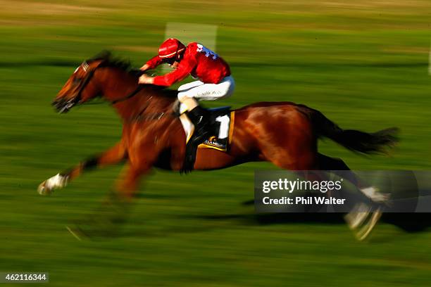 Volkstok'n'Barrell ridden by Matthew Cameron wins the Insurance Karaka 3yo Mile during the Karaka Million race meet at Ellerslie Racecourse on...