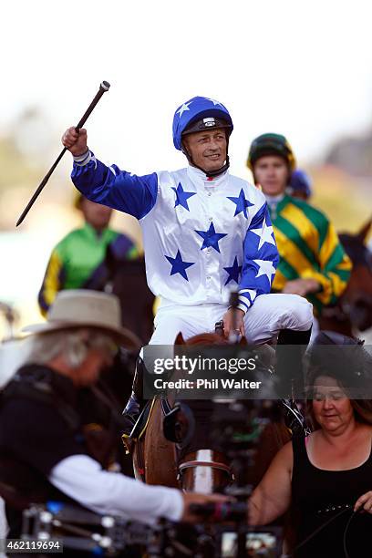 Damian Browne riding Hardline celebrates winniung the Karaka Million during the Karaka Million race meet at Ellerslie Racecourse on January 25, 2015...