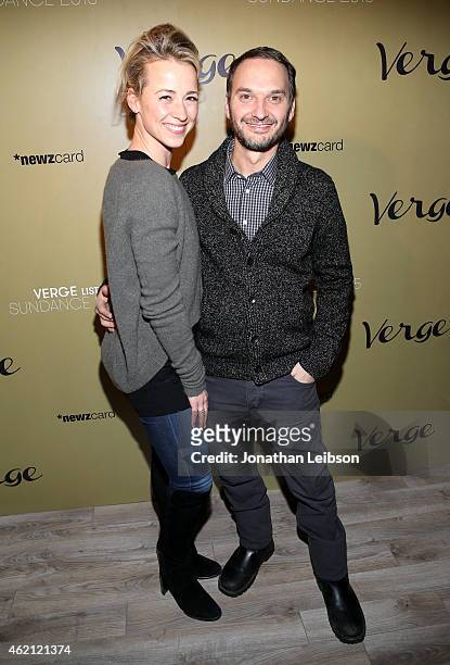 Actress Karine Vanasse and celebrity photographer Jeff Vespa attend the Verge: Sundance 2015 Party at WireImage Studio on January 24, 2015 in Park...