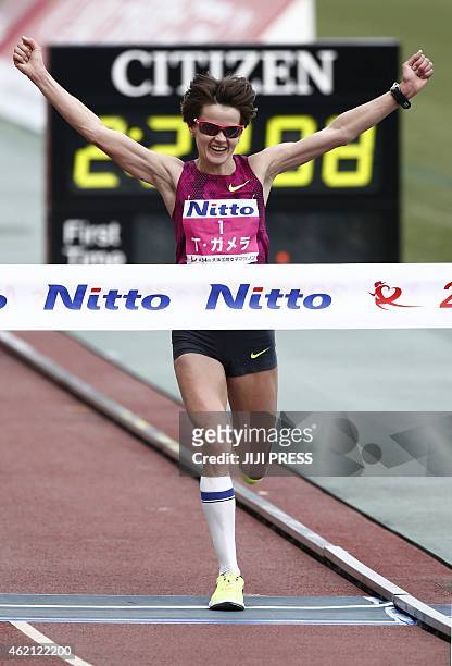 Tetyana Gamera-Shmyrko of Ukraine crosses the finish line in the Osaka International Women's Marathon on January 25, 2015. Gamera won her third...