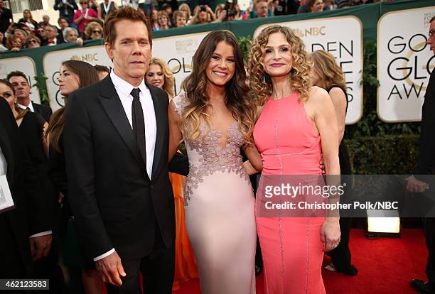 71st ANNUAL GOLDEN GLOBE AWARDS -- Pictured: Actor Kevin Bacon, Miss Golden Globe Sosie Bacon and actress Kyra Sedgwick arrive to the 71st Annual...