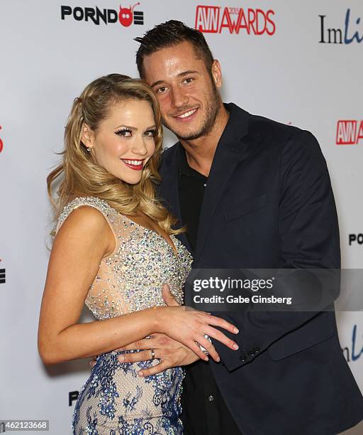 Adult film actors Mia Malkova and her husband Danny Mountain arrive at the 2015 Adult Video News Awards at the Hard Rock Hotel & Casino on January...