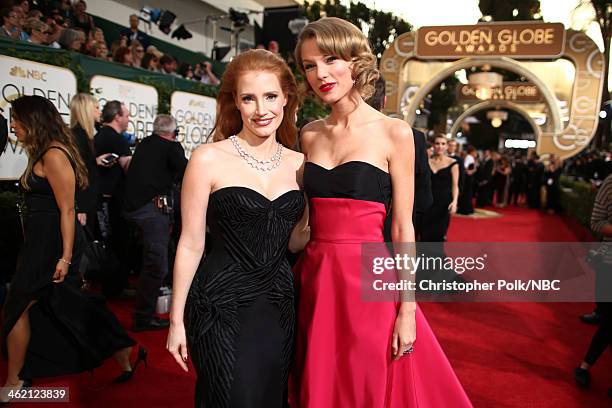 71st ANNUAL GOLDEN GLOBE AWARDS -- Pictured: Actress Jessica Chastain and Taylor Swift arrive to the 71st Annual Golden Globe Awards held at the...