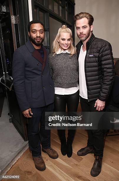 Actors Chiwetel Ejiofor, Margot Robbie and Chris Pine attend the "Z for Zachariah" Dinner at The Acura Studio on January 24, 2015 in Park City, Utah.