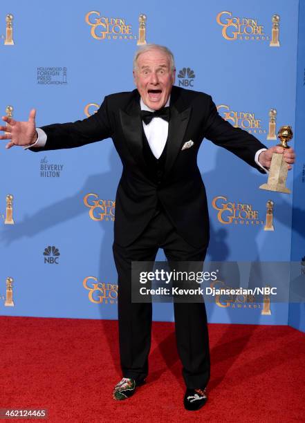 71st ANNUAL GOLDEN GLOBE AWARDS -- Pictured: Producer Jerry Weintraub poses with his award for Best Miniseries or Television Film for 'Behind the...