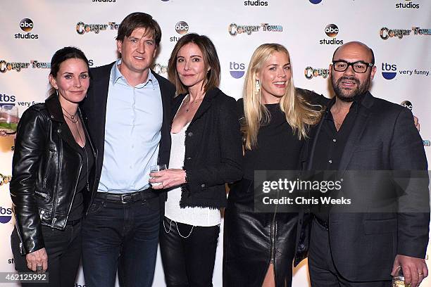 Actors Courteney Cox, Bill Lawrence, Christa Miller, Busy Philipps and Ian Gomez attend the Cougar Town wrap party at RivaBella on January 24, 2015...