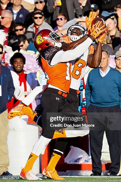 Cornerback Josh Shaw of the North Team breaks up a pass intended for Auburn Wide Receiver Sammie Coates of the South Team during the 2015 Resse's...