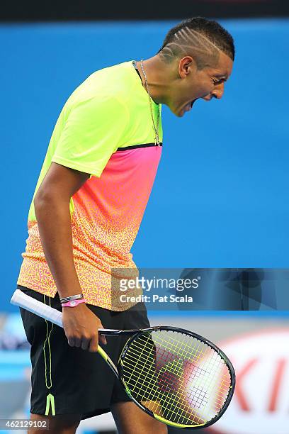 Nick Kyrgios of Australia reacts in his fourth round match against Andreas Seppi of Italy during day seven of the 2015 Australian Open at Melbourne...