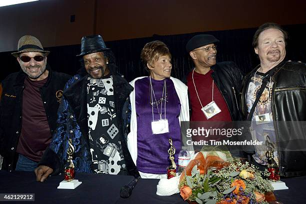 Members of Sly and the Family Stone Greg Errico, Sly Stone, Cynthia Robinson, Freddie Stone, and Jerry Martini attend "Love City" A Convention...