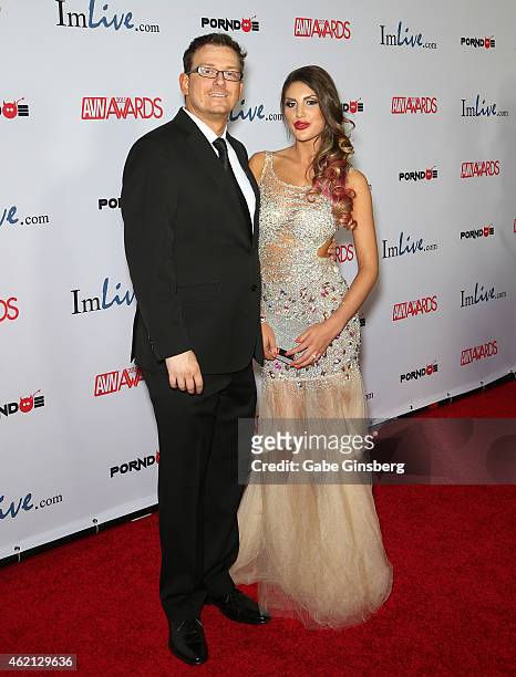 Adult film actor/producer/director Kevin Moore and adult film actress August Ames arrive at the 2015 Adult Video News Awards at the Hard Rock Hotel &...