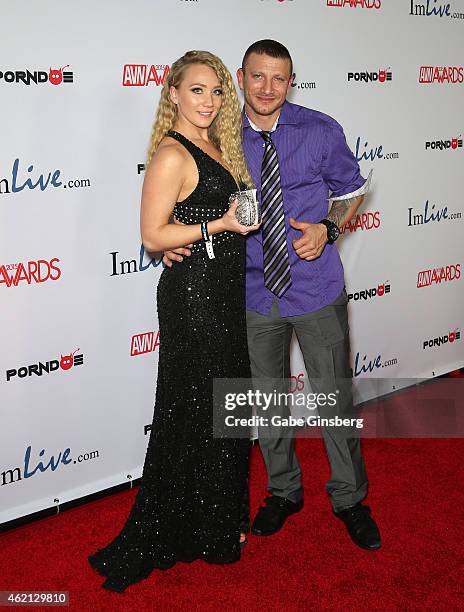 Adult film actors A.J. Applegate and Mr. Pete arrive at the 2015 Adult Video News Awards at the Hard Rock Hotel & Casino on January 24, 2015 in Las...