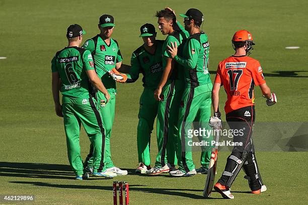 Scott Boland of the Stars is congratulated by team mates after dismissing Ashton Turner of the Scorchers during the Big Bash League Semi Final match...