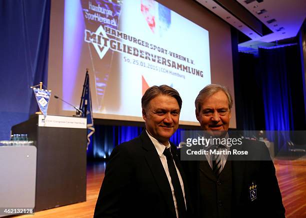 Carl Edgar Jarchow , president of Hamburger SV talks to Dietmar Beiersdorfer, chairman of Hamburger SV during Hamburger SV General Meeting at...