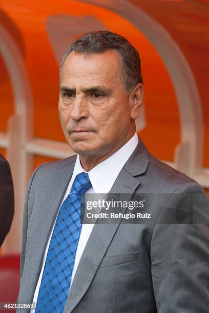 Coach of Chivas, Jose Luis Real looks on during a game between Chivas and Chiapas as part of the Clausura 2014 Liga MX at Omnilfe Stadium on January...