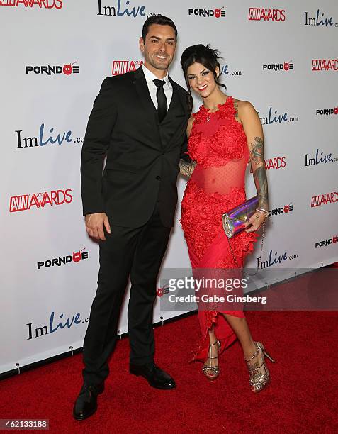 Adult film actors Ryan Driller and Bonnie Rotten arrive at the 2015 Adult Video News Awards at the Hard Rock Hotel & Casino on January 24, 2015 in...
