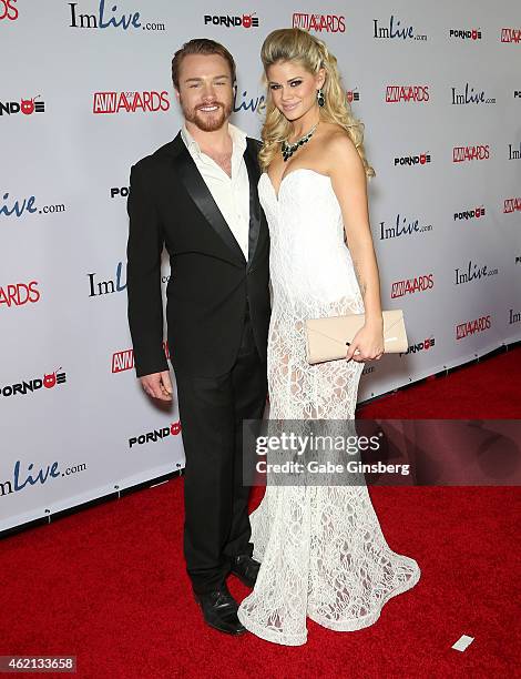 Singer/songwriter Sam J Clark and adult film actress Jessa Rhodes arrive at the 2015 Adult Video News Awards at the Hard Rock Hotel & Casino on...