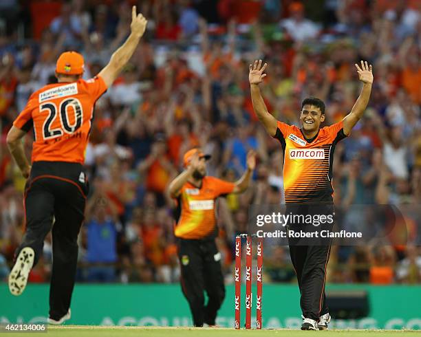 Yasir Arafat of the Scorchers celebrates after the Scorchers defeated the Stars during the Big Bash League Semi Final match between the Perth...