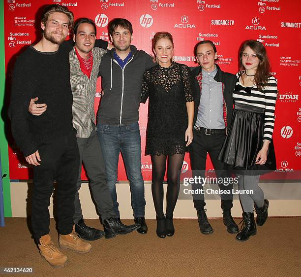 Director David Robert Mitchell and actors Jake Weary, Daniel Zovatto, Maika Monroe, Keir Gilchrist and Olivia Luccardi arrive at the "It Follows"...