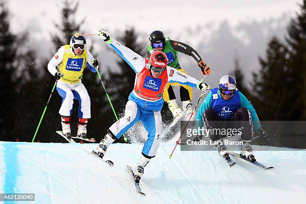 Johannes Rohrweck of Austria, Andreas Schauer of Germany, Jonathan Midol of France and Marc Bischofberger of Switzerland compete in the Men's Ski...