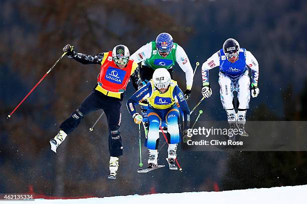 Brady Leman of Canada, Michael Forslund of Sweden, Filip Flisar of Slovenia and Bastien Midol of France compete in the Men's Ski Cross Finals during...