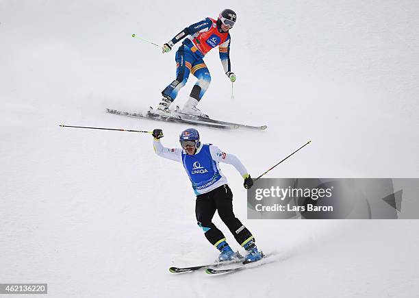 Filip Flisar of Slovenia celebrates winning gold in the Big Final of the Men's Ski Cross Finals during the FIS Freestyle Ski and Snowboard World...