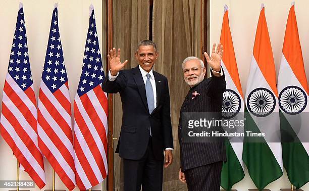 President of United States of America Barack Obama and Prime Minister of India Narendra Modi at Hyderabad House on January 25, 2015 in New Delhi,...