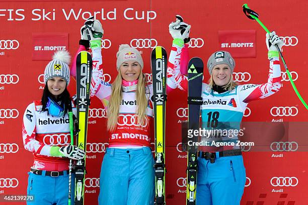 Lindsey Vonn of the USA takes 1st place, Anna Fenninger of Austria takes 2nd place, Nicole Hosp of Austria takes 3rd place during the Audi FIS Alpine...
