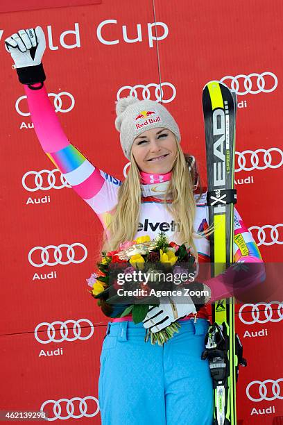 Lindsey Vonn of the USA takes 1st place during the Audi FIS Alpine Ski World Cup Women's Super-G on January 25, 2015 in St. Moritz, Switzerland.