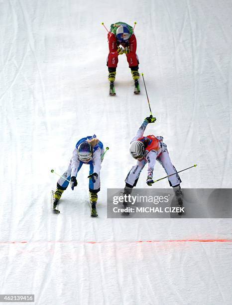 Andrea Limbacher of Austria , Ophelie David of France and nd Fanny Smith of Switzerland cross a finnish line during the Women's Snow Ski Cross Final...