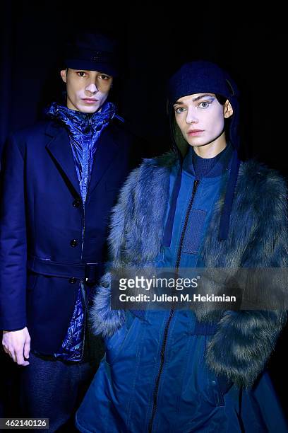 Models pose backstage before the Y-3 Menswear Fall/Winter 2015-2016 Show as part of Paris Fashion Week on January 25, 2015 in Paris, France.