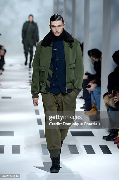 Model walks the runway during the Y-3 Menswear Fall/Winter 2015-2016 show as part of Paris Fashion Week on January 25, 2015 in Paris, France.