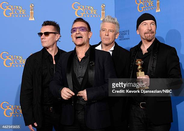 71st ANNUAL GOLDEN GLOBE AWARDS -- Pictured: Musicians Larry Mullen Jr., Bono, Adam Clayton and The Edge of U2, winners of Best Original Song for...