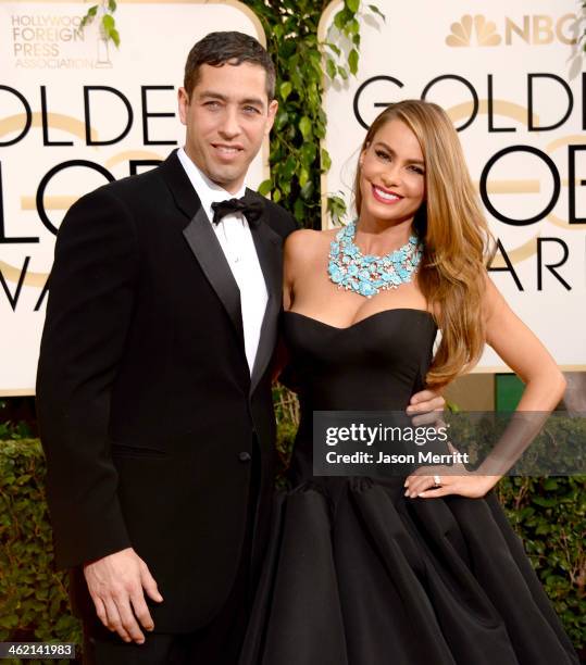 Nick Loeb and actress Sofia Vergara attend the 71st Annual Golden Globe Awards held at The Beverly Hilton Hotel on January 12, 2014 in Beverly Hills,...