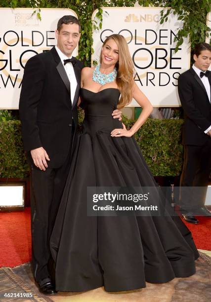 Nick Loeb and actress Sofia Vergara attend the 71st Annual Golden Globe Awards held at The Beverly Hilton Hotel on January 12, 2014 in Beverly Hills,...
