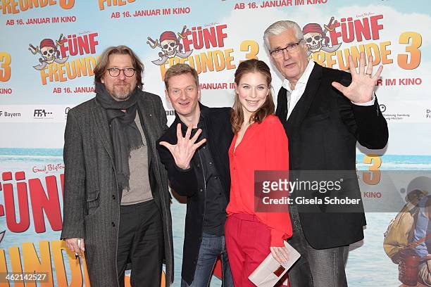 Michael Fitz, Michael Kessler, Nora von Waldstaetten and Sky du Mont attend the premiere of the film 'Fuenf Freunde 3' at Cinemaxx on January 12,...