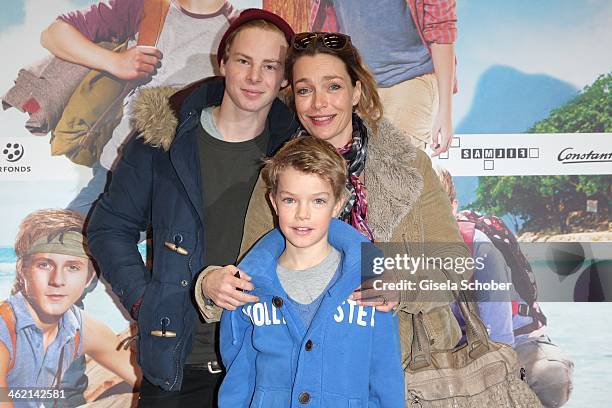 Aglaia Szyszkowitz with son Frederic and Samuel attend the premiere of the film 'Fuenf Freunde 3' at Cinemaxx on January 12, 2014 in Munich, Germany.