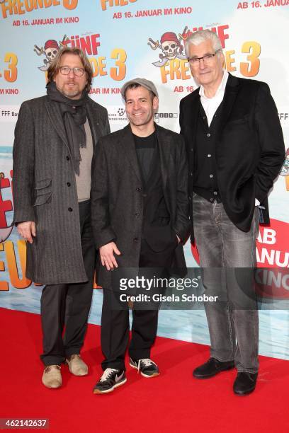 Michael Fitz, Mike Marzuk, director, Sky du Mont attend the premiere of the film 'Fuenf Freunde 3' at Cinemaxx on January 12, 2014 in Munich, Germany.