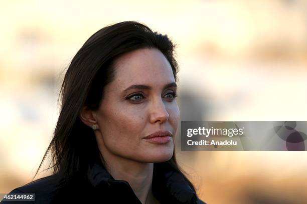 United Nations High Commissioner for Refugees Special Envoy and famous actress Angelina Jolie gives a speech during a press release after his visit...