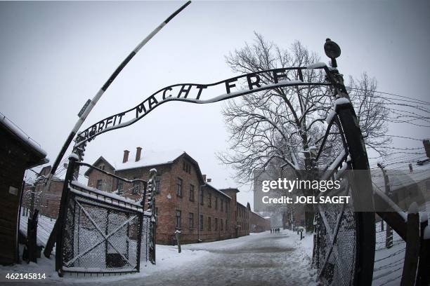The entrance to the former Nazi concentration camp Auschwitz-Birkenau with the lettering 'Arbeit macht frei' is pictured in Oswiecim, Poland on...